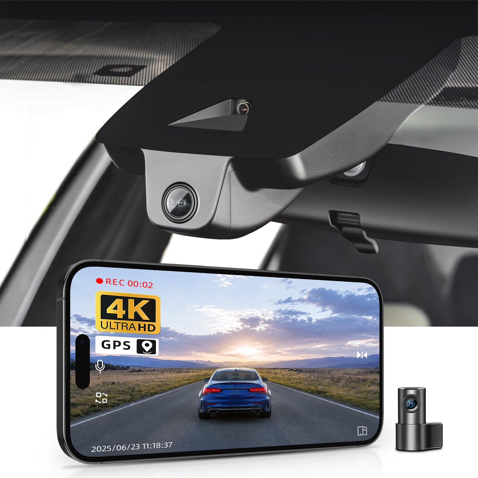 Mangoal 2 channel dash cam with STARVIS sensor, features smartphone app control, front 4K UHD and rear Full HD recording, GPS tracking and Subaru Uncharted models in the background.