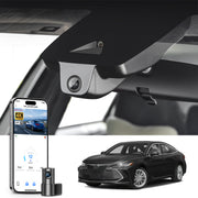 Mangoal 2 channel dash cam with STARVIS sensor, features smartphone app control, front 4K UHD and rear Full HD recording, GPS tracking, and Toyota Avalon in the background.