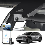 Mangoal 2 channel dash cam with STARVIS sensor, features smartphone app control, front 4K UHD and rear Full HD recording, GPS tracking, and Toyota BZ4X in the background.