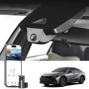 Mangoal 2 channel dash cam with STARVIS sensor, features smartphone app control, front 4K UHD and rear Full HD recording, GPS tracking, and Toyota Crown in the background.