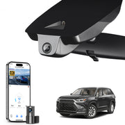 Mangoal 2 channel dash cam with STARVIS sensor, features smartphone app control, front 4K UHD and rear Full HD recording, GPS tracking, and Toyota Grand Highlander in the background.