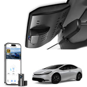 Mangoal 2 channel dash cam with STARVIS sensor, features smartphone app control, front 4K UHD and rear Full HD recording, GPS tracking, and Toyota Prius in the background.