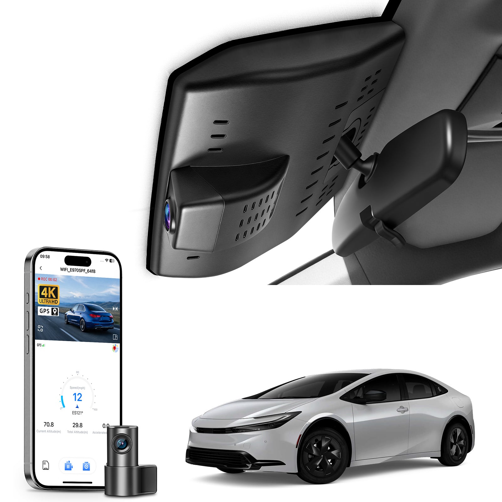Mangoal 2 channel dash cam with STARVIS sensor, features smartphone app control, front 4K UHD and rear Full HD recording, GPS tracking, and Toyota Prius in the background.