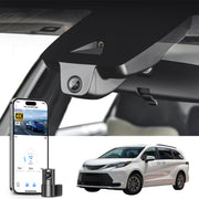 Mangoal 2 channel dash cam with STARVIS sensor, features smartphone app control, front 4K UHD and rear Full HD recording, GPS tracking, and Toyota Sienna in the background.