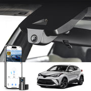 Mangoal 2 channel dash cam with STARVIS sensor, features smartphone app control, front 4K UHD and rear Full HD recording, GPS tracking, and Toyota C-HR in the background.
