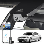 Mangoal 2 channel dash cam with STARVIS sensor, features smartphone app control, front 4K UHD and rear Full HD recording, GPS tracking, and Toyota Camry in the background.