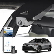 Mangoal 2 channel dash cam with STARVIS sensor, features smartphone app control, front 4K UHD and rear Full HD recording, GPS tracking, and Toyota Corolla Cross in the background.