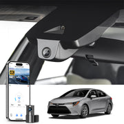 Mangoal 2 channel dash cam with STARVIS sensor, features smartphone app control, front 4K UHD and rear Full HD recording, GPS tracking, and Toyota Corolla in the background.