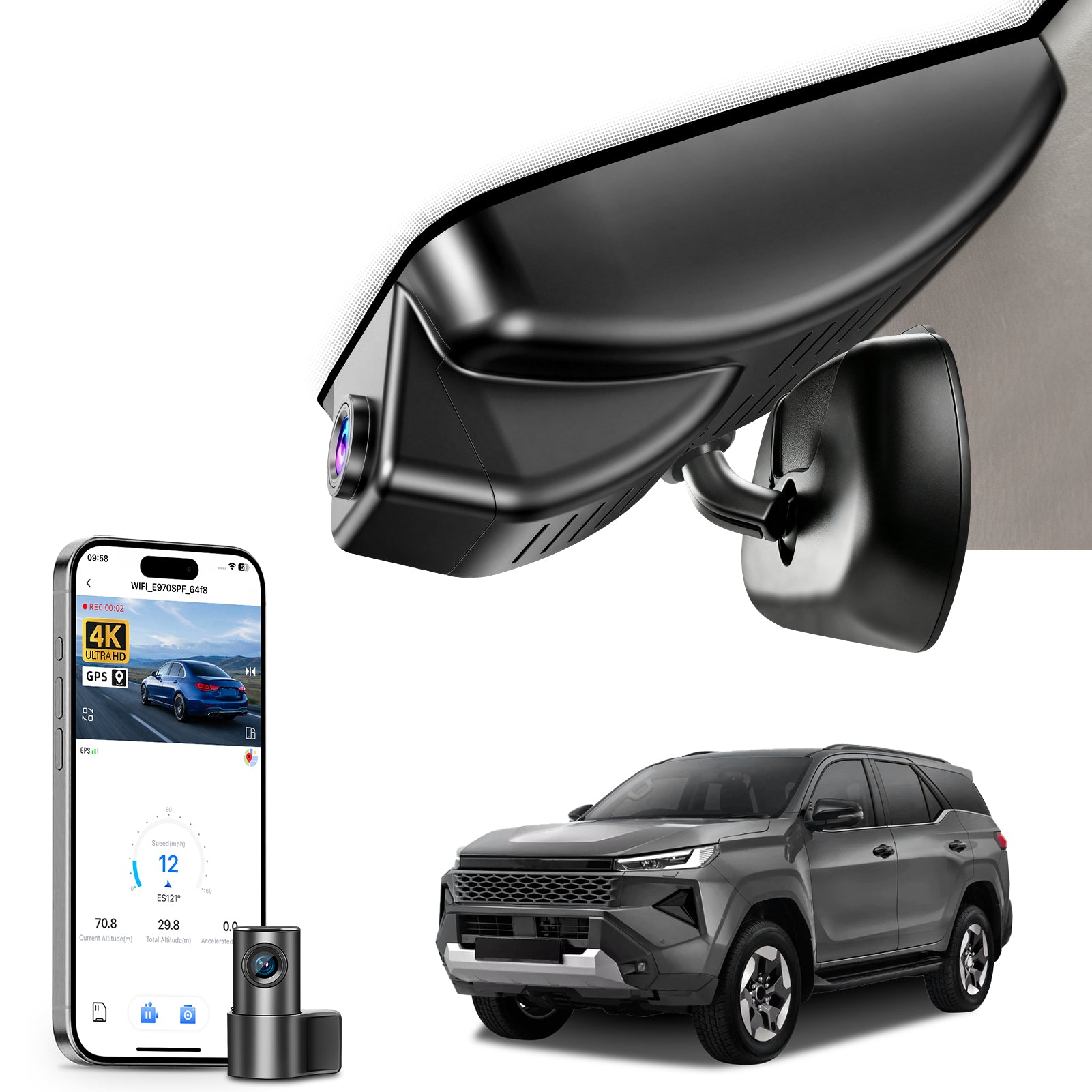 Mangoal 2 channel dash cam with STARVIS sensor, features smartphone app control, front 4K UHD and rear Full HD recording, GPS tracking and Toyota Hilux(pickup)& Fortuner(SUV) models in the background. 