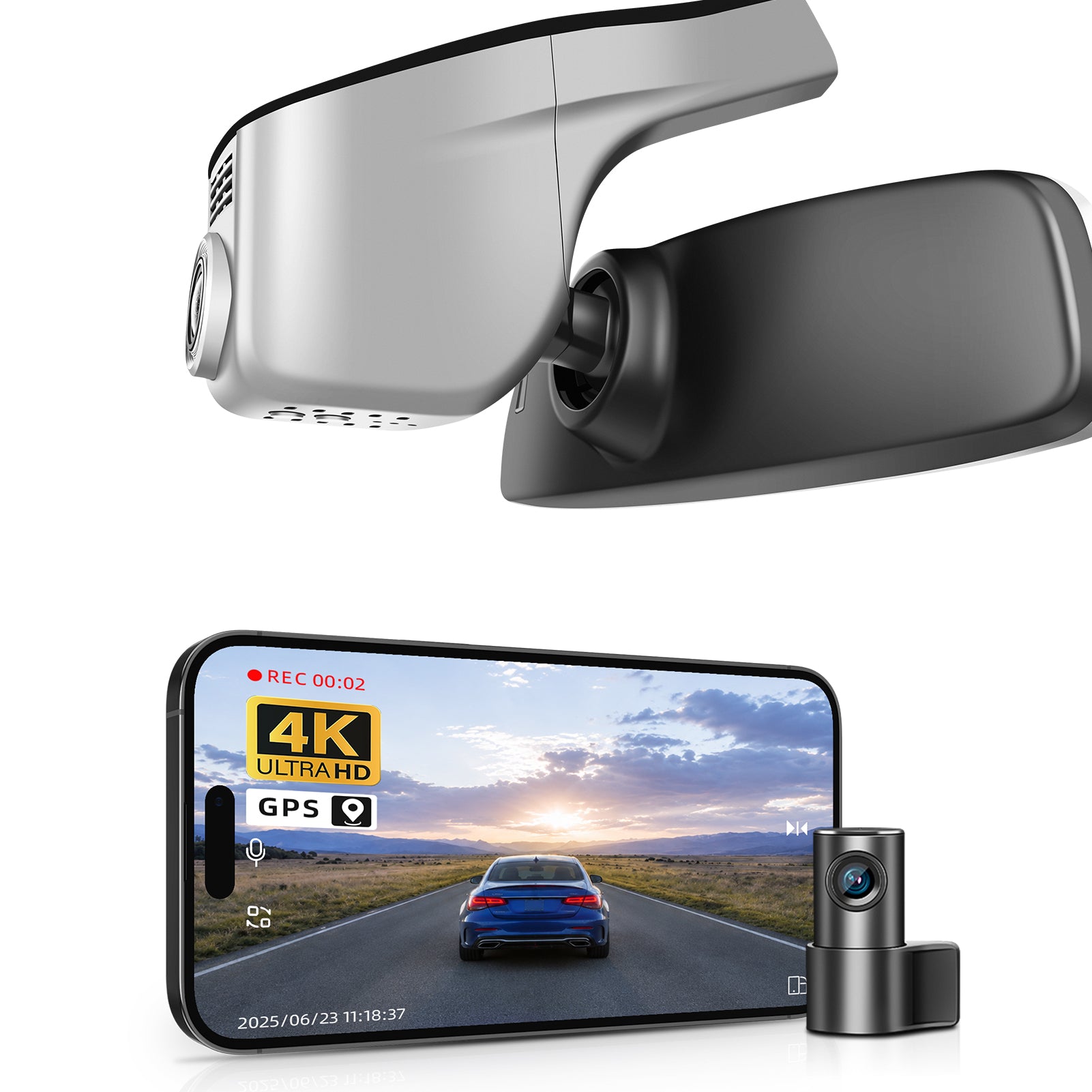 Mangoal 2 channel dash cam with STARVIS sensor, features smartphone app control, front 4K UHD and rear Full HD recording, GPS tracking, and Volkswagen Arteon in the background.