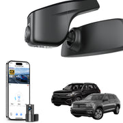 Mangoal 2 channel dash cam with STARVIS sensor, features smartphone app control, front 4K UHD and rear Full HD recording, GPS tracking, and Volkswagen Volkswagen Atlas & Atlas Cross Sport in the background.