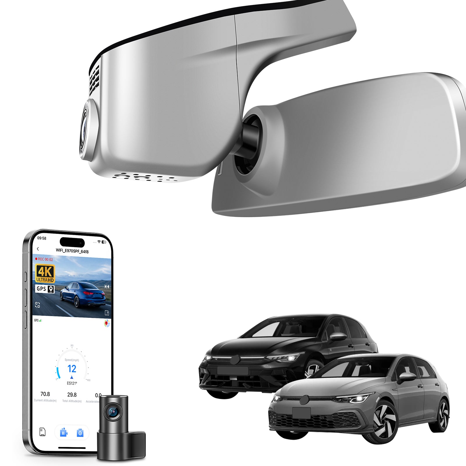 Mangoal 2 channel dash cam with STARVIS sensor, features smartphone app control, front 4K UHD and rear Full HD recording, GPS tracking, and Volkswagen Golf in the background.