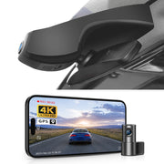 Mangoal 2 channel dash cam with STARVIS sensor, features smartphone app control, front 4K UHD and rear Full HD recording, GPS tracking, and Volkswagen ID.4 in the background.