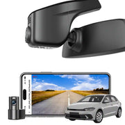 Mangoal 2 channel dash cam with STARVIS sensor, features smartphone app control, front 4K UHD and rear Full HD recording, GPS tracking, and Volkswagen Polo in the background.