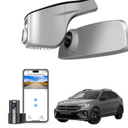 Mangoal 2 channel dash cam with STARVIS sensor, features smartphone app control, front 4K UHD and rear Full HD recording, GPS tracking, and Volkswagen Taigo in the background.