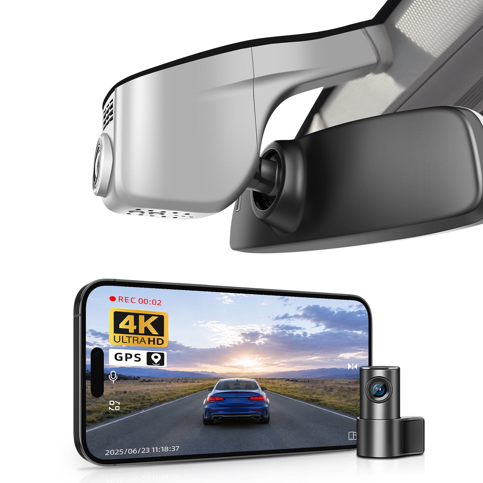 Mangoal 2 channel dash cam with STARVIS sensor, features smartphone app control, front 4K UHD and rear Full HD recording, GPS tracking, and Volkswagen Taos in the background.