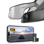 Mangoal 2 channel dash cam with STARVIS sensor, features smartphone app control, front 4K UHD and rear Full HD recording, GPS tracking, and Volkswagen Taos in the background.