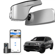 Mangoal 2 channel dash cam with STARVIS sensor, features smartphone app control, front 4K UHD and rear Full HD recording, GPS tracking, and Volkswagen Tayron in the background.