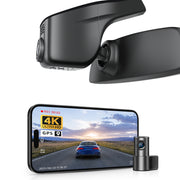 Mangoal 2 channel dash cam with STARVIS sensor, features smartphone app control, front 4K UHD and rear Full HD recording, GPS tracking, and Volkswagen Tiguan in the background.