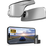 Mangoal 2 channel dash cam with STARVIS sensor, features smartphone app control, front 4K UHD and rear Full HD recording, GPS tracking, and Volkswagen Tiguan in the background.