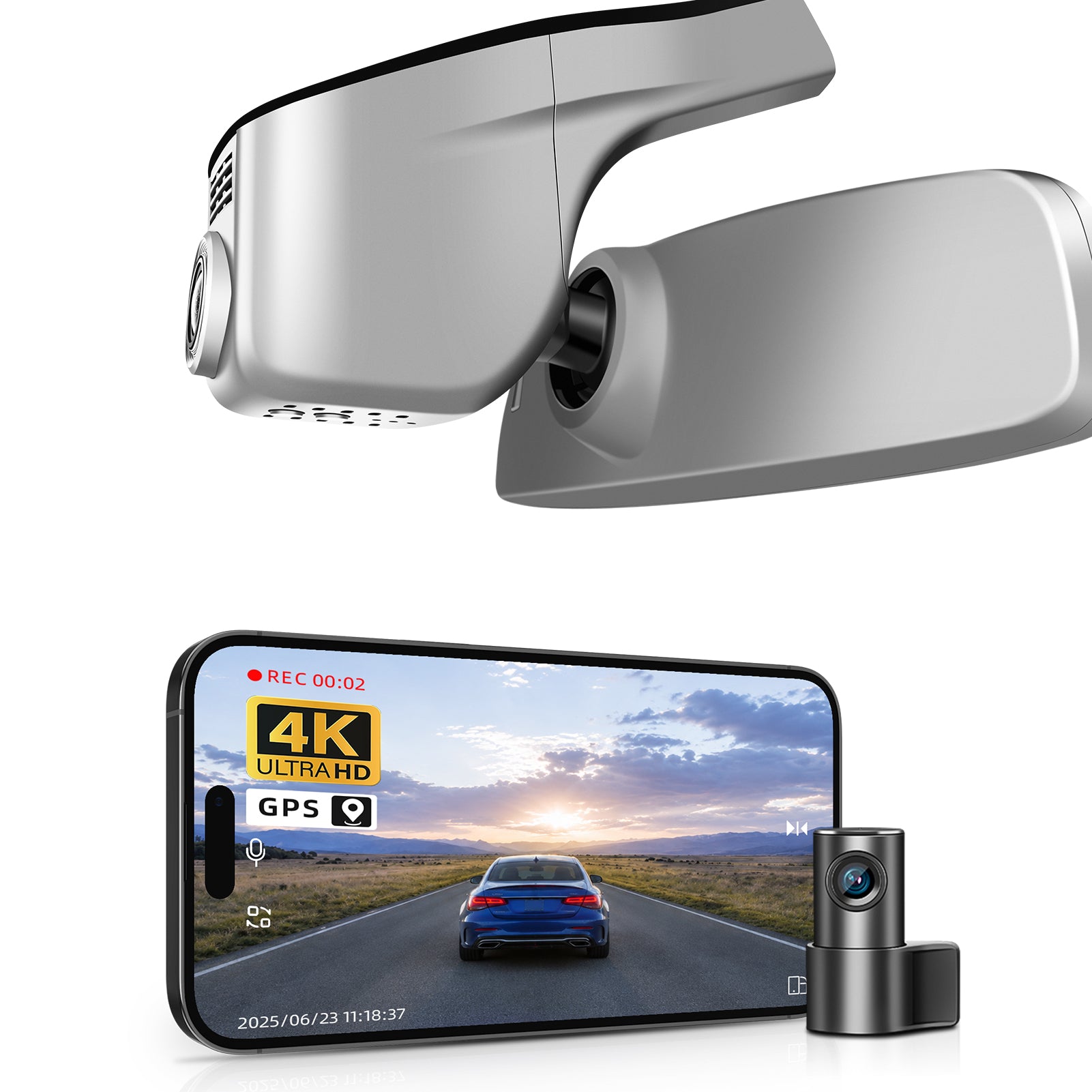 Mangoal 2 channel dash cam with STARVIS sensor, features smartphone app control, front 4K UHD and rear Full HD recording, GPS tracking, and Volkswagen Tiguan in the background.