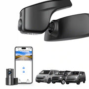 Mangoal 2 channel dash cam with STARVIS sensor, features smartphone app control, front 4K UHD and rear Full HD recording, GPS tracking, and Volkswagen Transporter in the background.