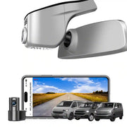 Mangoal 2 channel dash cam with STARVIS sensor, features smartphone app control, front 4K UHD and rear Full HD recording, GPS tracking, and Volkswagen Transporter in the background.