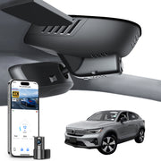 Mangoal 2 channel dash cam with STARVIS sensor, features smartphone app control, front 4K UHD and rear Full HD recording, GPS tracking, and Volvo C40 in the background.