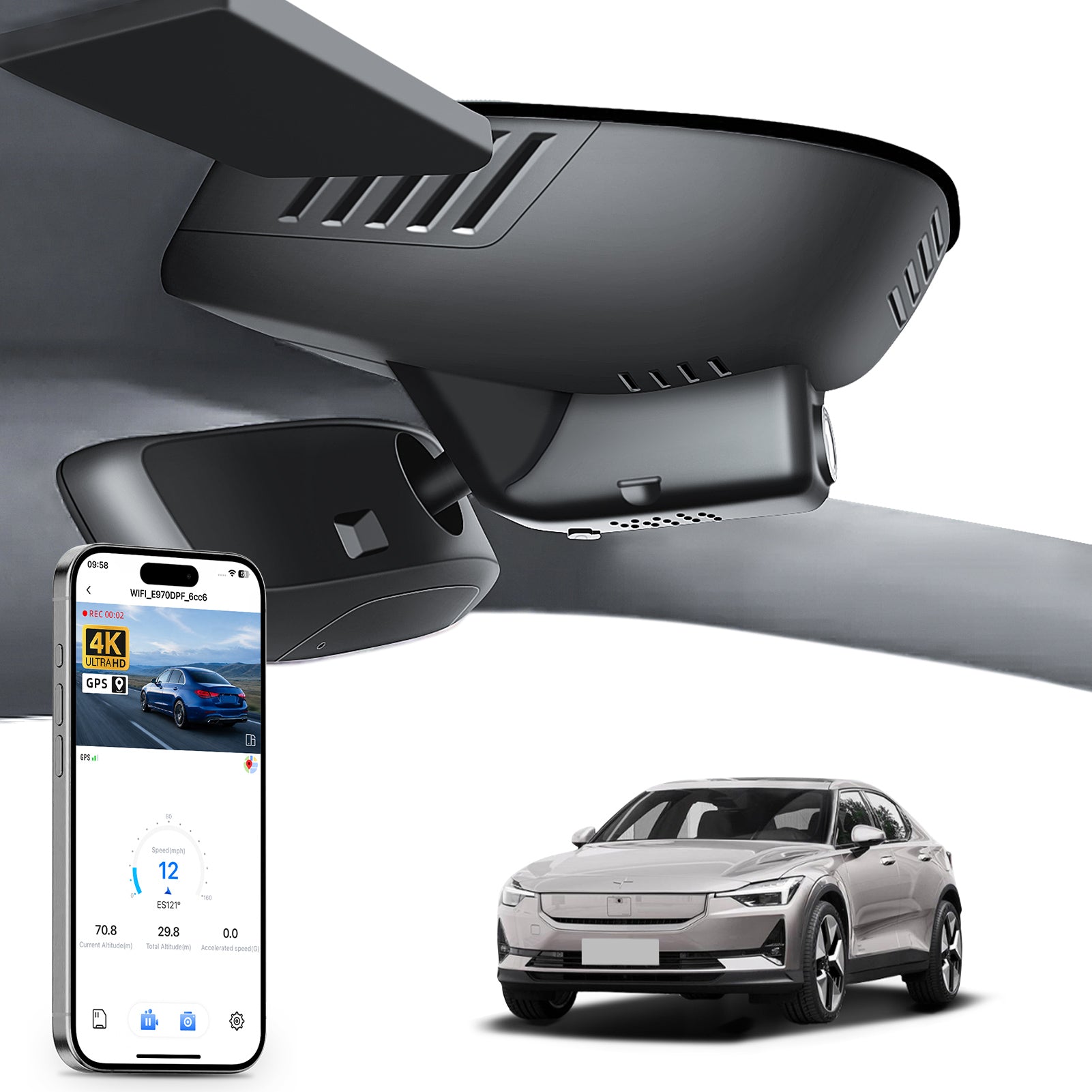 Mangoal 2 channel dash cam with STARVIS sensor, features smartphone app control, front 4K UHD and rear Full HD recording, GPS tracking, and Volvo Polestar 2 in the background.