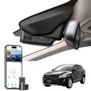 Mangoal 2 channel dash cam with STARVIS sensor, features smartphone app control, front 4K UHD and rear Full HD recording, GPS tracking, and Volvo XC60 in the background.