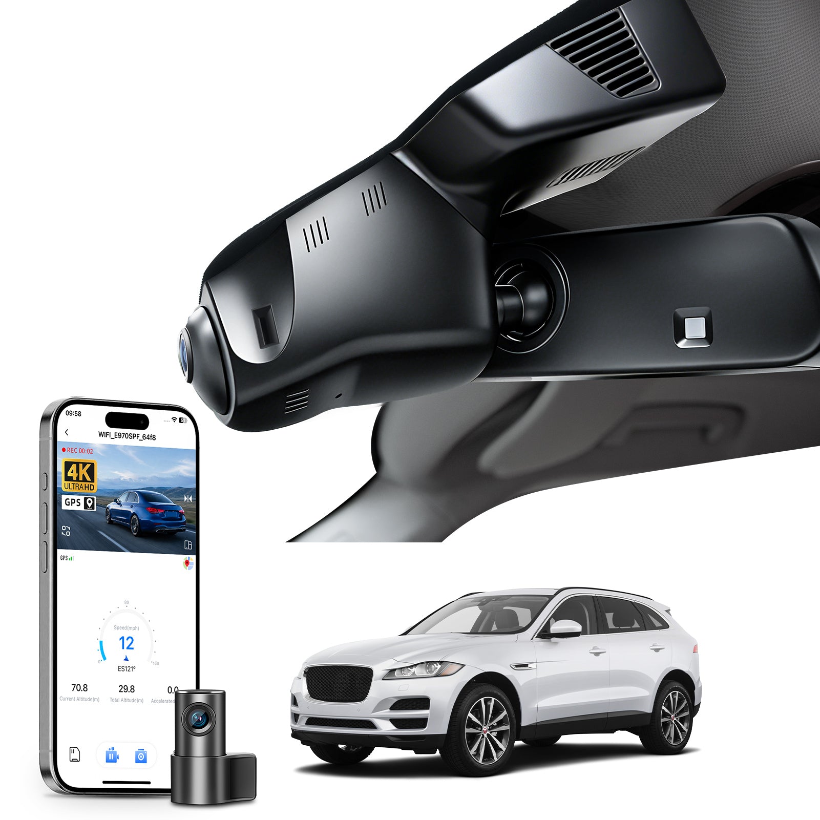 2 channel dash cam with dual STARVIS 2, features smartphone app control, 4K Ultra HD recording, GPS tracking and Jaguar F Type models in the background.