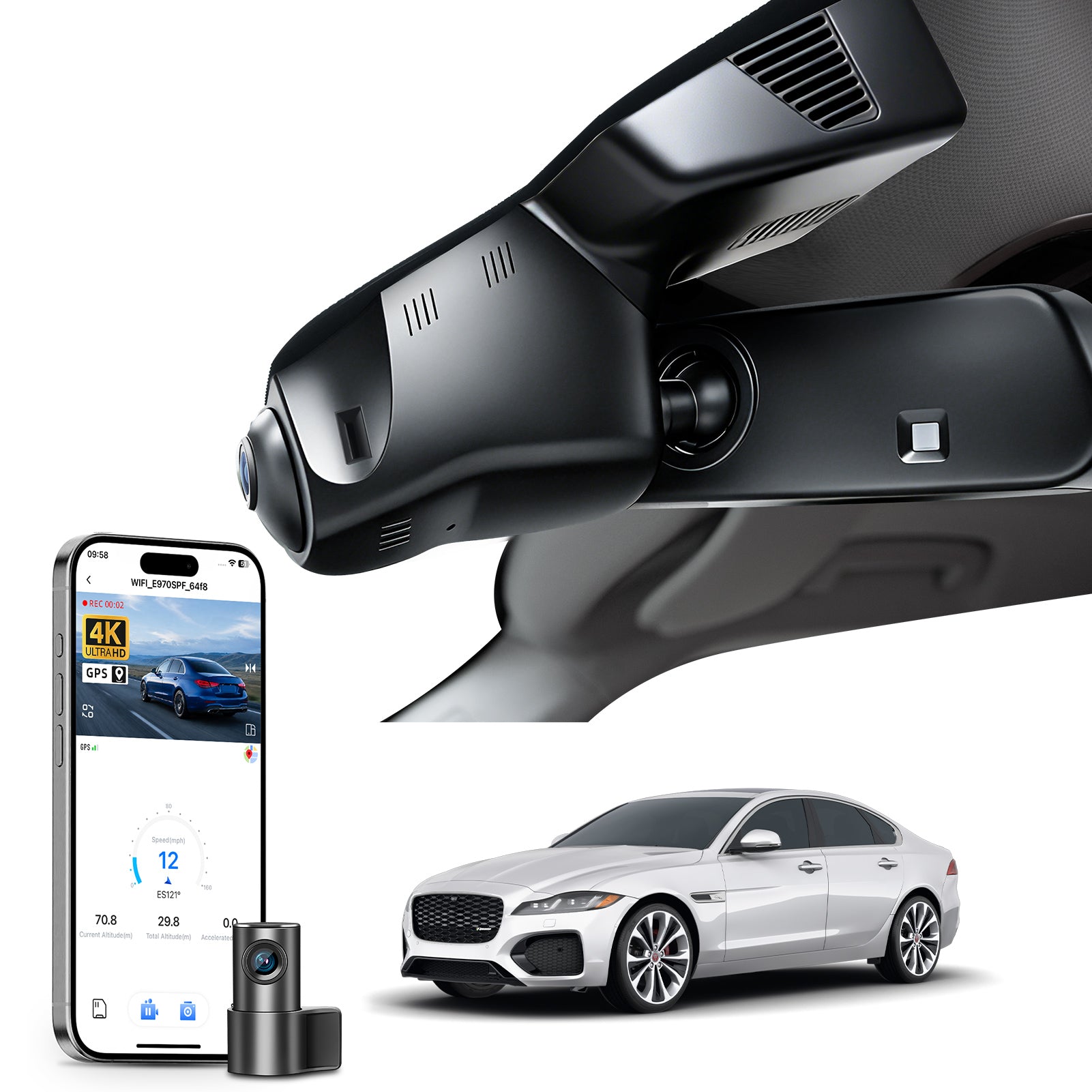 2 channel dash cam with dual STARVIS 2, features smartphone app control, 4K Ultra HD recording, GPS tracking, and Jaguar XE models in the background.
