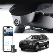 2 channel dash cam with dual STARVIS 2, features smartphone app control, 4K Ultra HD recording, GPS tracking, and Jeep Cherokee models in the background.