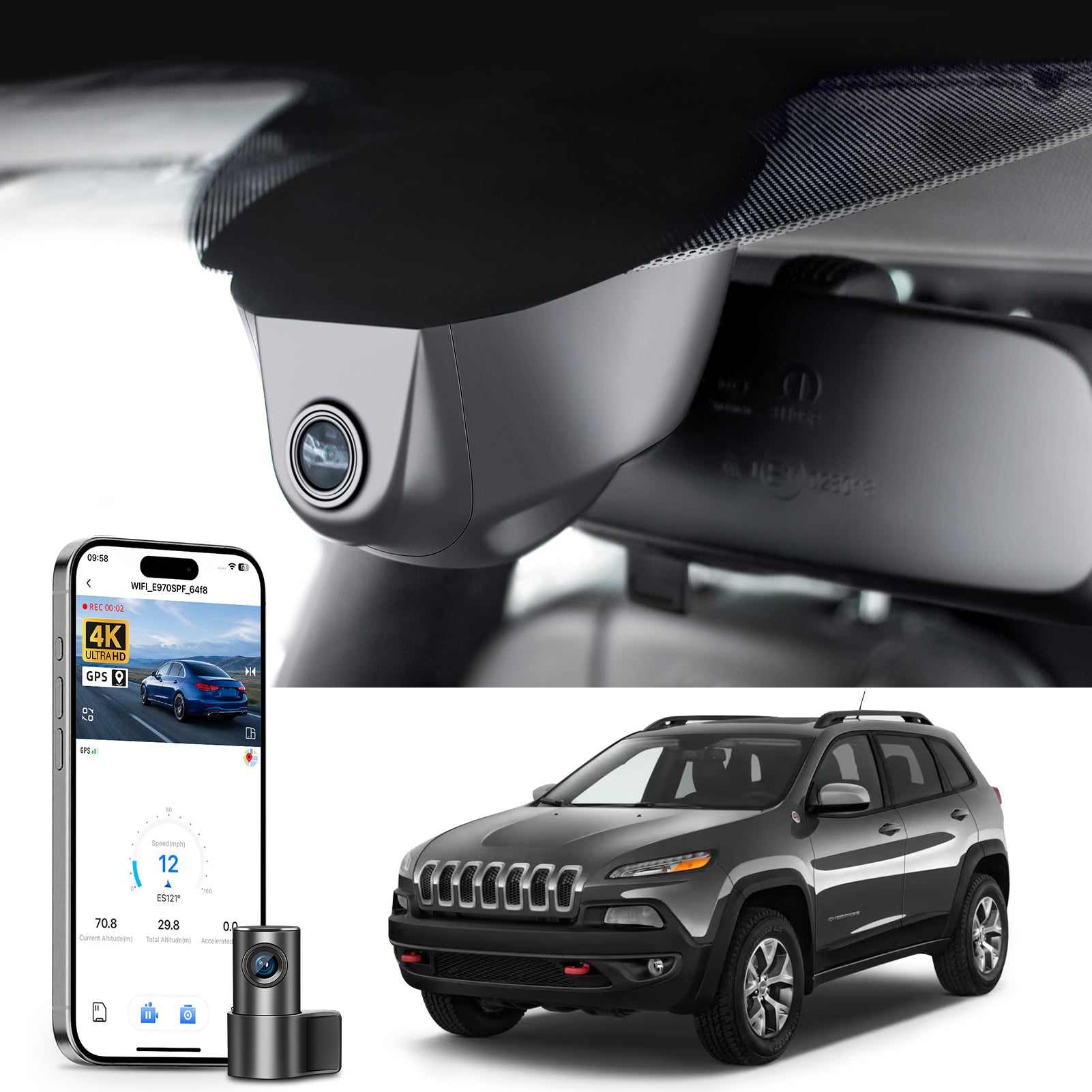 2 channel dash cam with dual STARVIS 2, features smartphone app control, 4K Ultra HD recording, GPS tracking, and Jeep Cherokee models in the background.