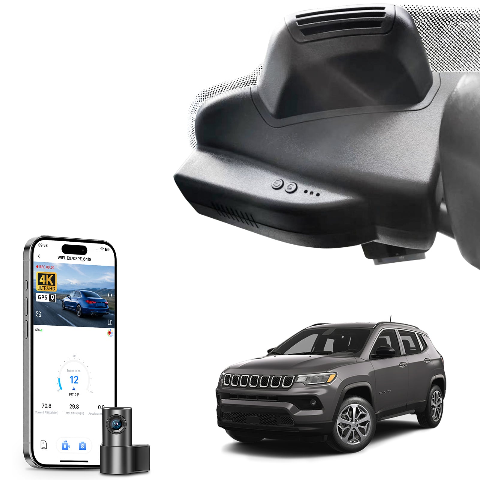 2 channel dash cam with dual STARVIS 2, features smartphone app control, 4K Ultra HD recording, GPS tracking, and Jeep Compass models in the background.