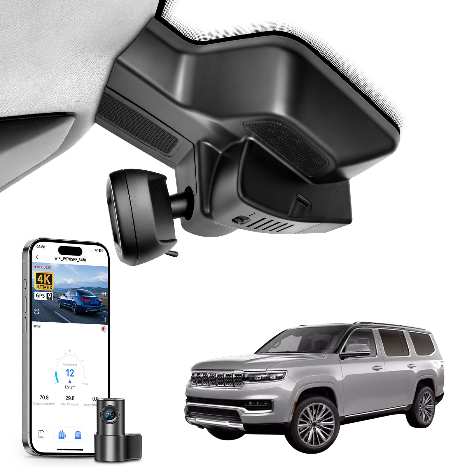 2 channel dash cam with dual STARVIS 2, features smartphone app control, 4K Ultra HD recording, GPS tracking, and Jeep Grand Cherokee models in the background.