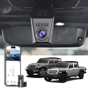 2 channel dash cam with dual STARVIS 2, features smartphone app control, 4K Ultra HD recording, GPS tracking, and Jeep Wrangler Gladiator models in the background.