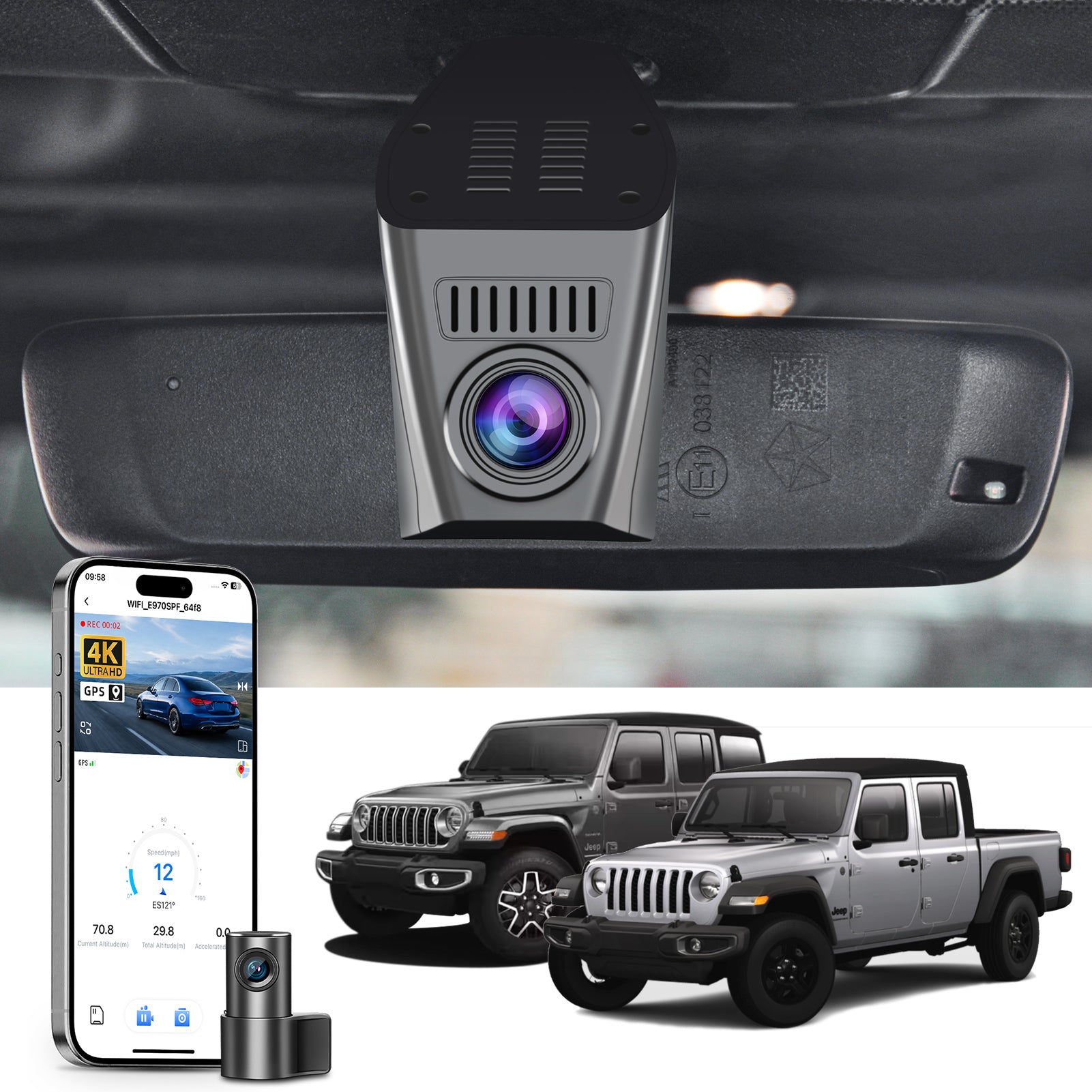 2 channel dash cam with dual STARVIS 2, features smartphone app control, 4K Ultra HD recording, GPS tracking, and Jeep Wrangler Gladiator models in the background.