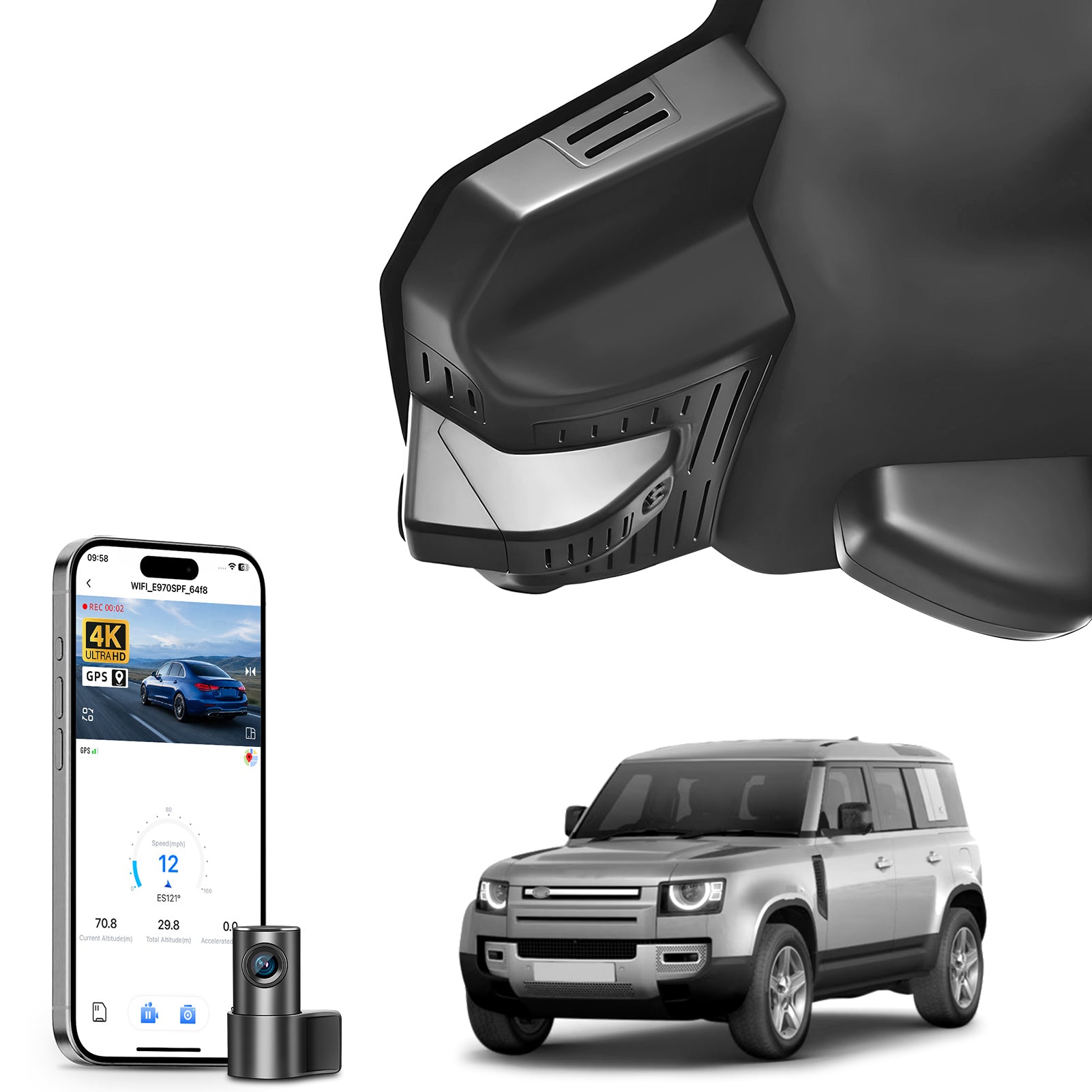 2 channel dash cam with dual STARVIS 2, features smartphone app control, 4K Ultra HD recording, GPS tracking, and Land Rover Defender models in the background.