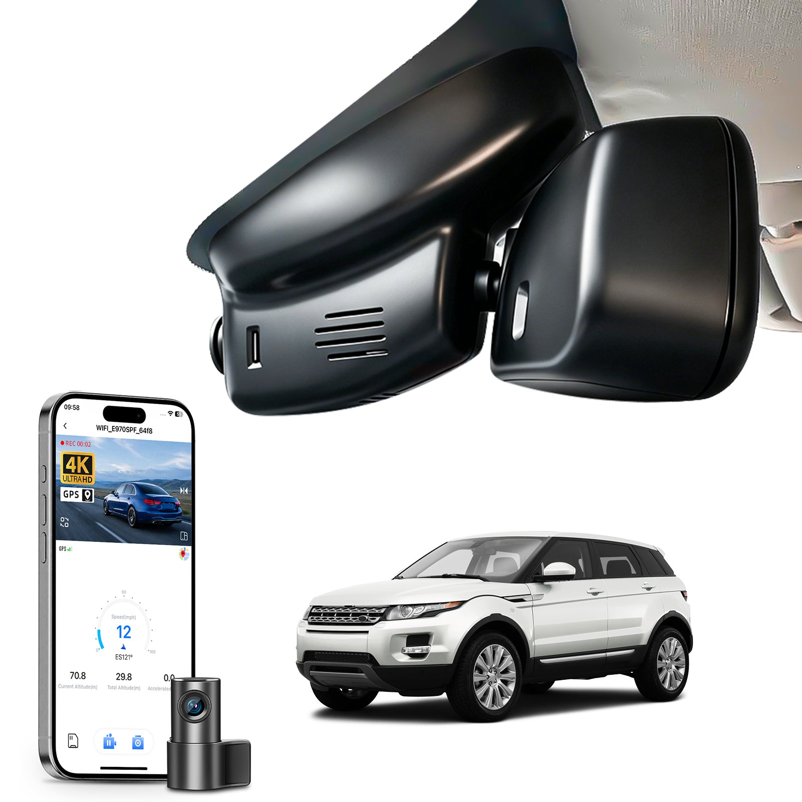 2 channel dash cam with dual STARVIS 2, features smartphone app control, 4K Ultra HD recording, GPS tracking and Land Rover Range Rover Evoque models in the background. 
