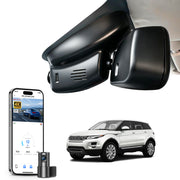 2 channel dash cam with dual STARVIS 2, features smartphone app control, 4K Ultra HD recording, GPS tracking and Land Rover Range Rover Evoque models in the background. 