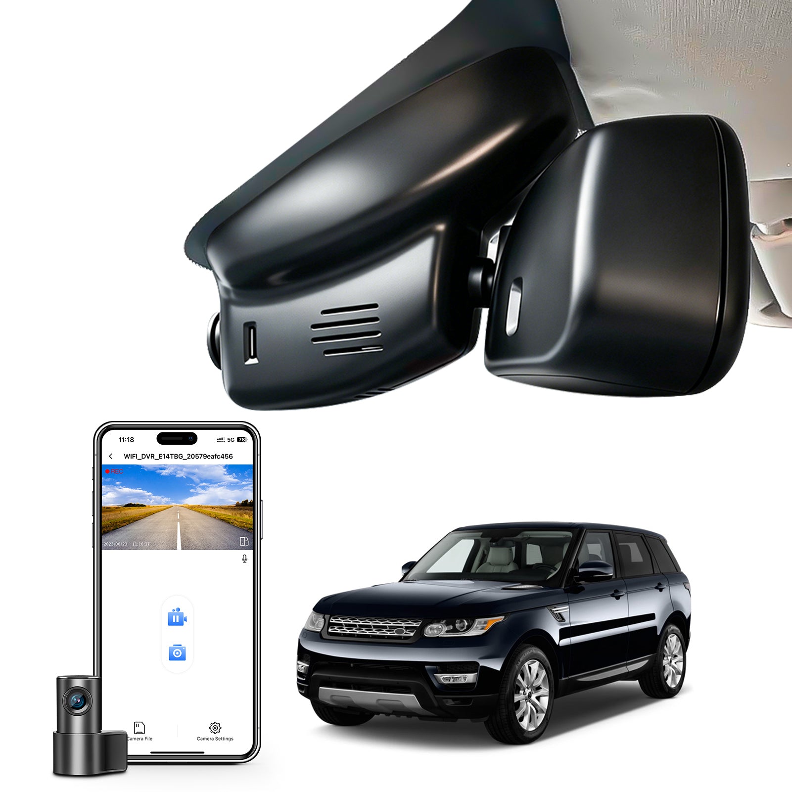 2 channel dash cam with dual STARVIS 2, features smartphone app control, 4K Ultra HD recording, GPS tracking, and Land Land Rover Range Rover & Range Rover Sport models in the background. 