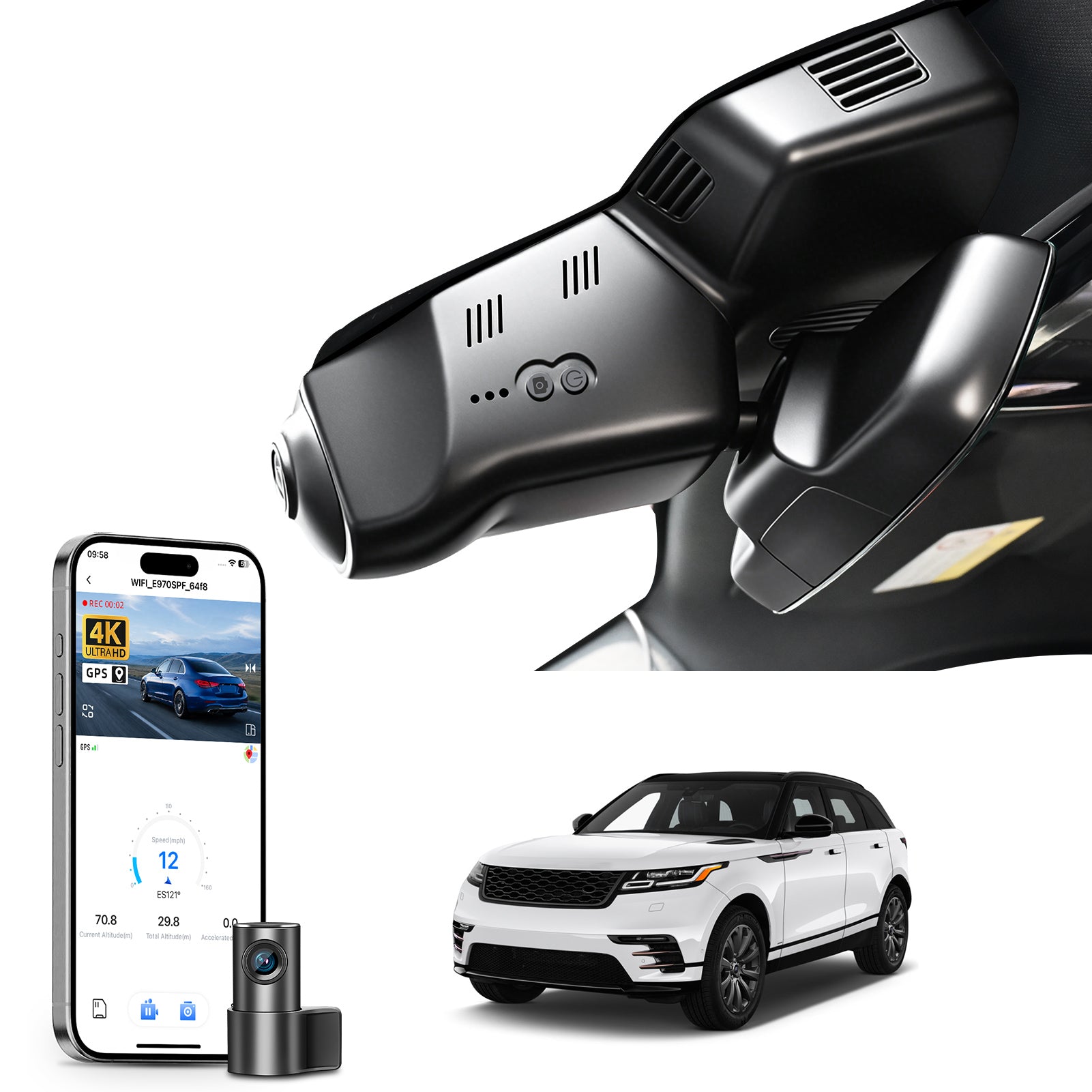 2 channel dash cam with dual STARVIS 2, features smartphone app control, 4K Ultra HD recording, GPS tracking and Land Rover Range Roverr Velar models in the background.