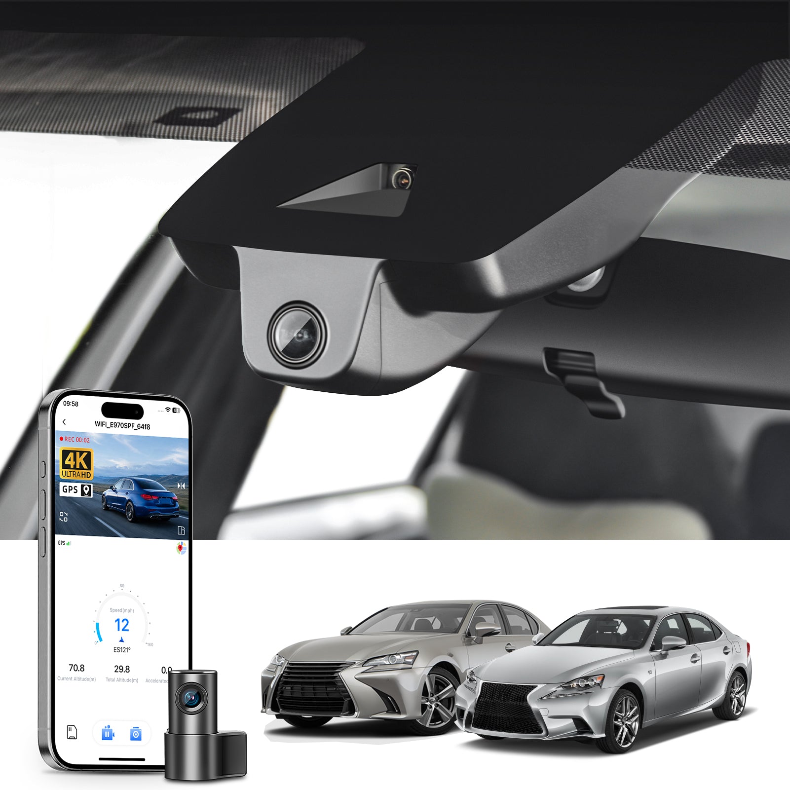 2 channel dash cam with dual STARVIS 2, features smartphone app control, 4K Ultra HD recording, GPS tracking, and Lexus ES models in the background.