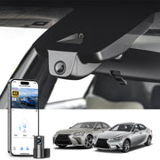 2 channel dash cam with dual STARVIS 2, features smartphone app control, 4K Ultra HD recording, GPS tracking, and Lexus ES models in the background.