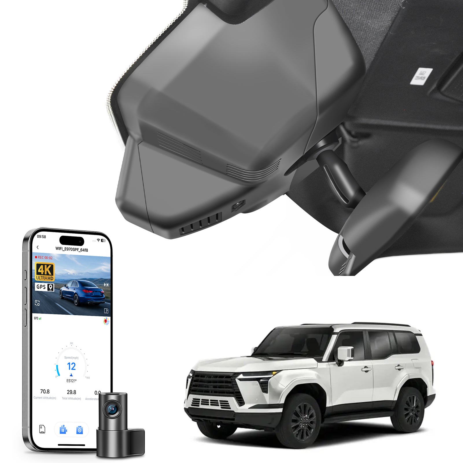 2 channel dash cam with dual STARVIS 2, features smartphone app control, 4K Ultra HD recording, GPS tracking, and Lexus GX550 models in the background.