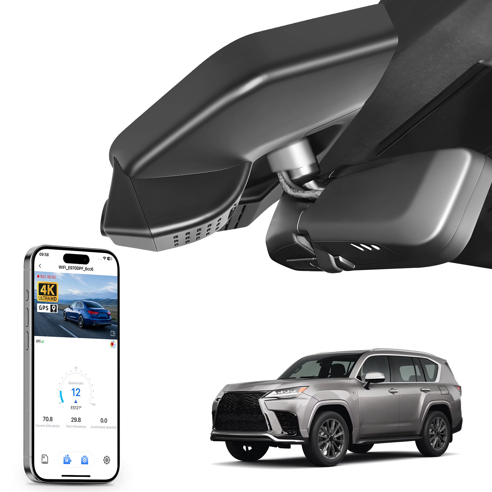 2 channel dash cam with dual STARVIS 2, features smartphone app control, 4K Ultra HD recording, GPS tracking, and Lexus LX models in the background.