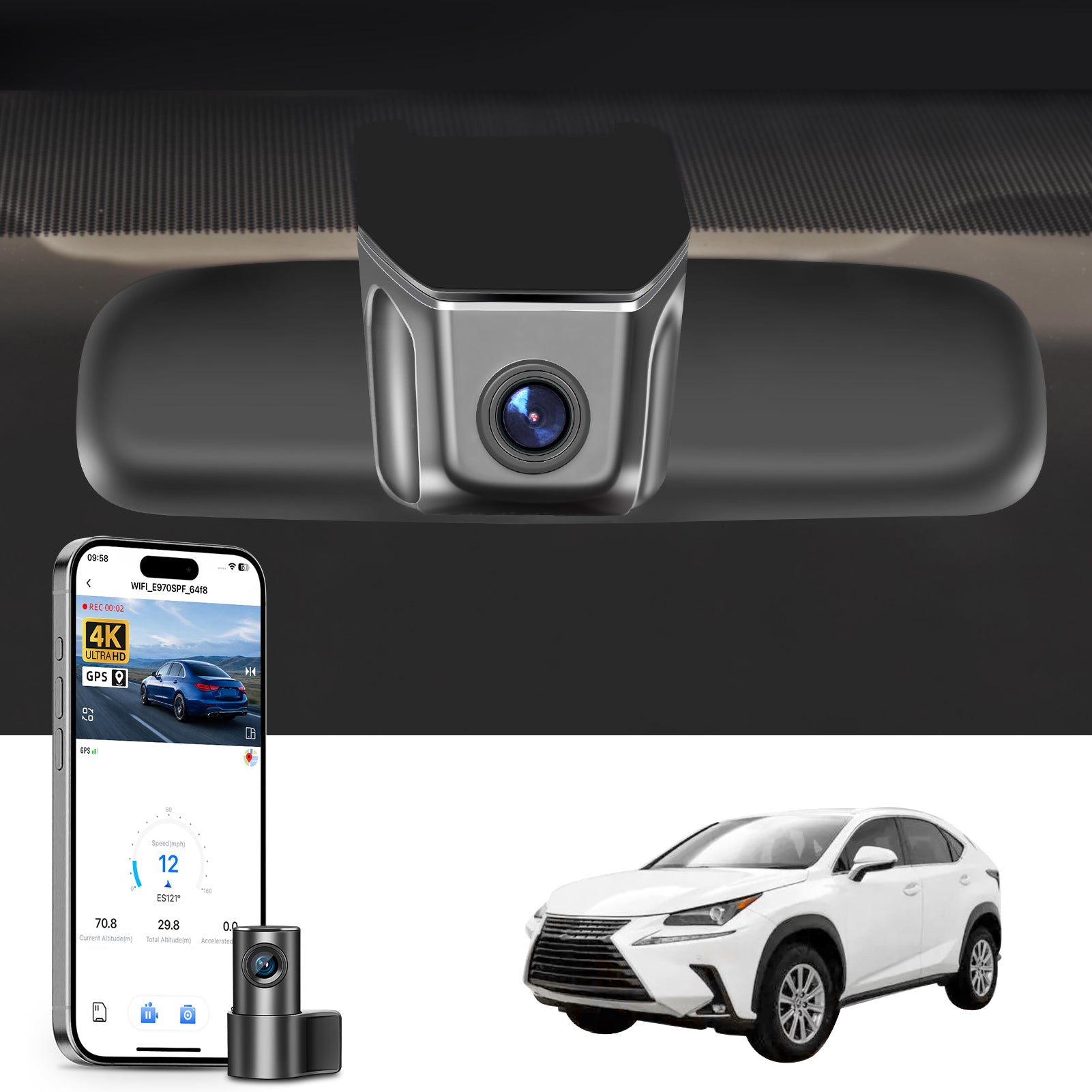 2 channel dash cam with dual STARVIS 2, features smartphone app control, 4K Ultra HD recording, GPS tracking, and Lexus NX models in the background.