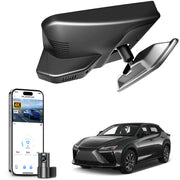 2 channel dash cam with dual STARVIS 2, features smartphone app control, 4K Ultra HD recording, GPS tracking, and Lexus RZ models in the background.