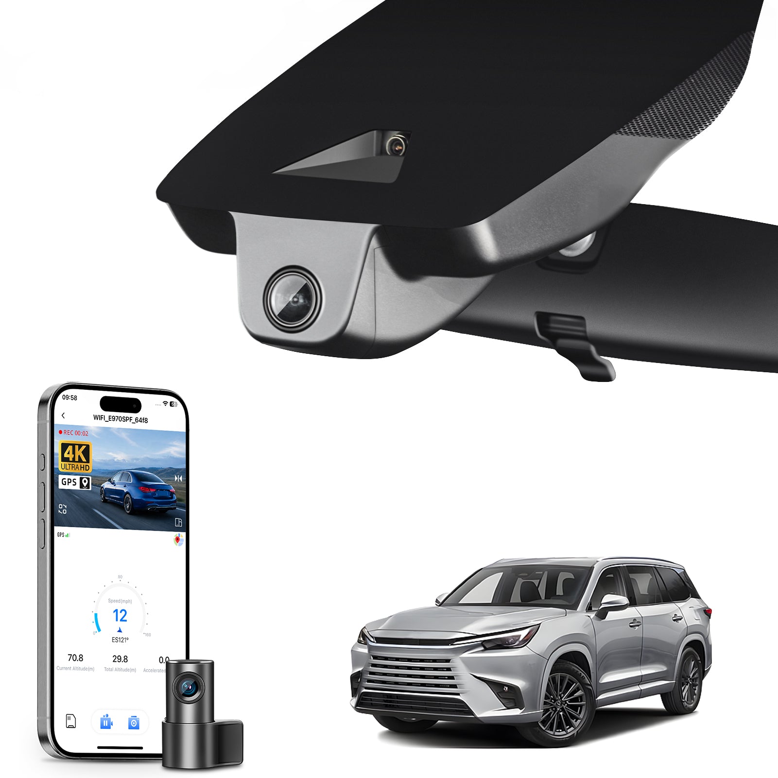 2 channel dash cam with dual STARVIS 2, features smartphone app control, 4K Ultra HD recording, GPS tracking, and Lexus TX models in the background.